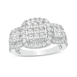 Previously Owned - 1-1/3 CT. T.W. Composite Diamond Cushion Frame Three Stone Ring in 10K White Gold