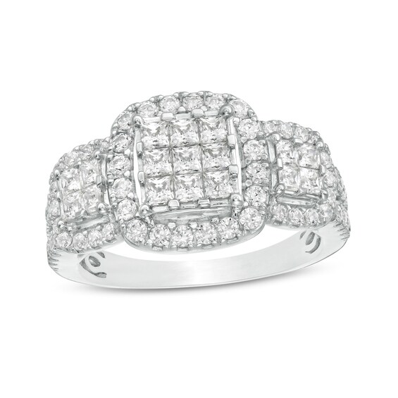 Previously Owned - 1-1/3 CT. T.w. Composite Diamond Cushion Frame Three Stone Ring in 10K White Gold