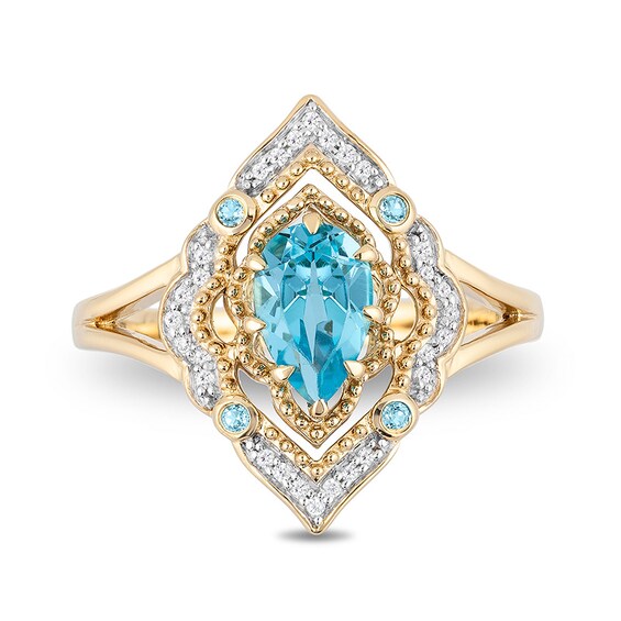 Previously Owned - Enchanted Disney Aladdin Pear-Shaped Swiss Blue Topaz and 1/10 CT. T.w. Diamond Ring in 10K Gold