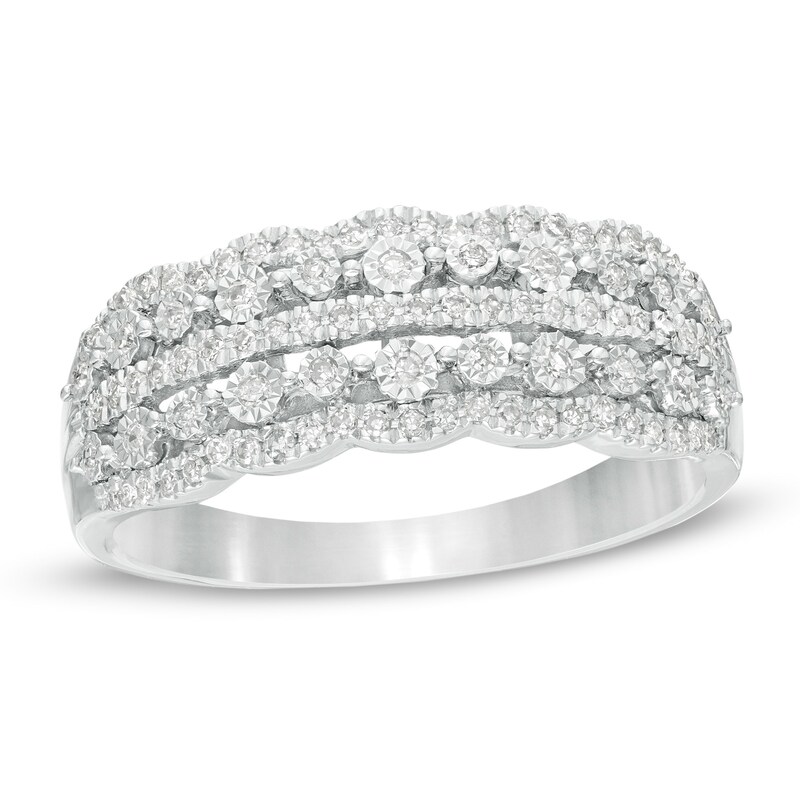 Main Image 1 of Previously Owned - 1/4 CT. T.W Diamond Scallop-Edged Multi-Row Anniversary Ring in 10K White Gold