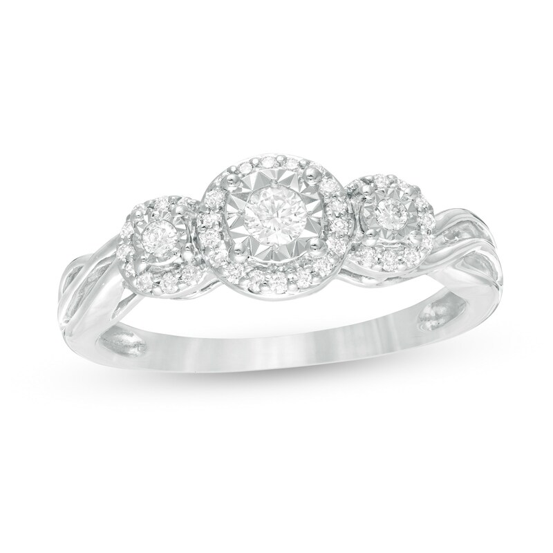 Main Image 1 of Previously Owned - 1/4 CT. T.W. Diamond Past Present Future® Frame Twist Engagement Ring in 10K White Gold