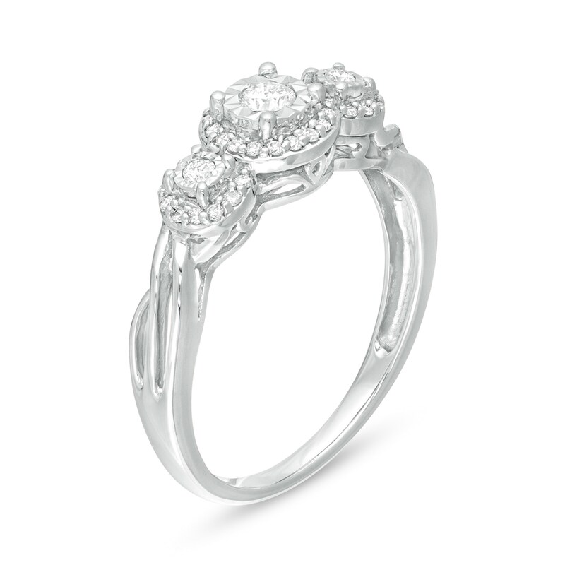 Main Image 3 of Previously Owned - 1/4 CT. T.W. Diamond Past Present Future® Frame Twist Engagement Ring in 10K White Gold