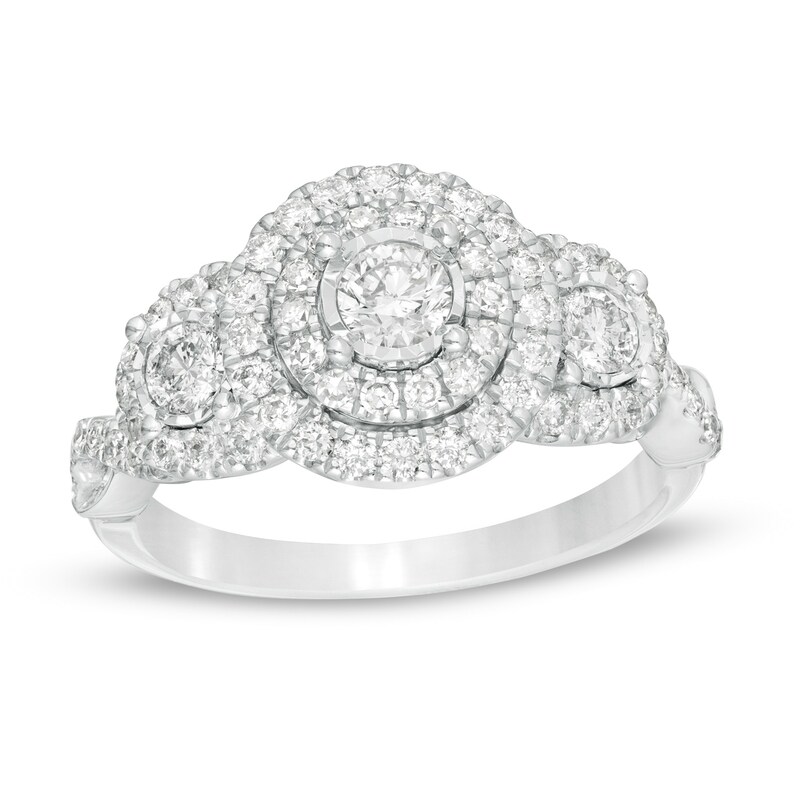 Main Image 1 of Previously Owned - 1 CT. T.W. Diamond Past Present Future® Double Frame Twist Engagement Ring in 10K White Gold