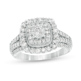 Previously Owned - 1 CT. T.W. Diamond Double Cushion Frame Vintage-Style Engagement Ring in 10K White Gold