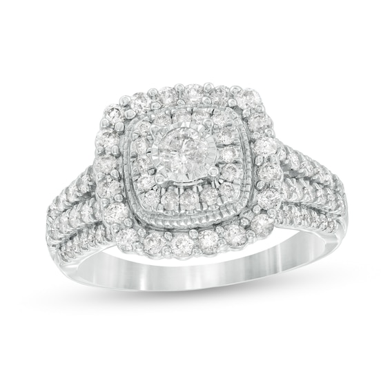 Previously Owned - 1 CT. T.w. Diamond Double Cushion Frame Vintage-Style Engagement Ring in 10K White Gold