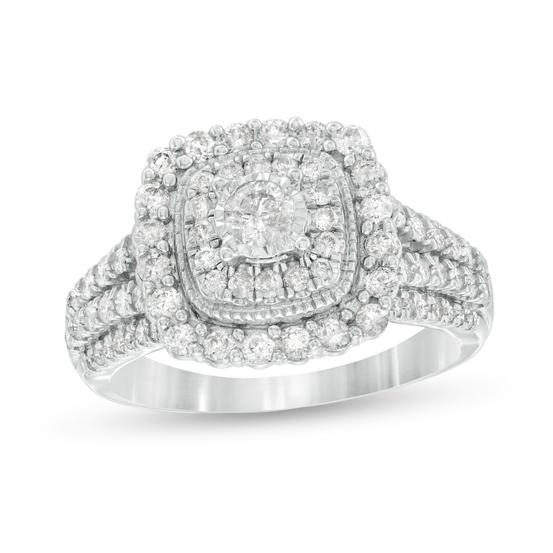 Main Image 1 of Previously Owned - 1 CT. T.W. Diamond Double Cushion Frame Vintage-Style Engagement Ring in 10K White Gold