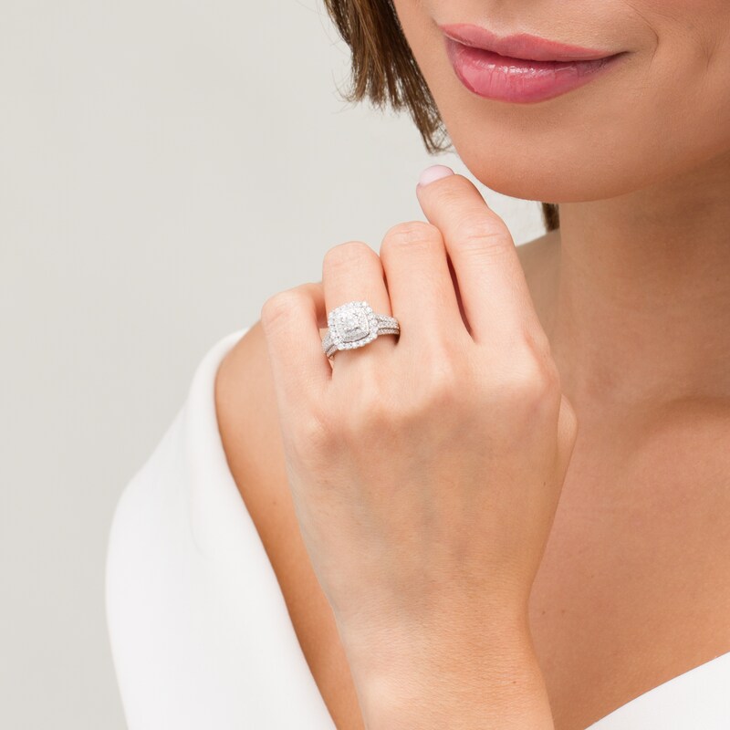 Previously Owned - 1 CT. T.W. Diamond Double Cushion Frame Vintage-Style Engagement Ring in 10K White Gold
