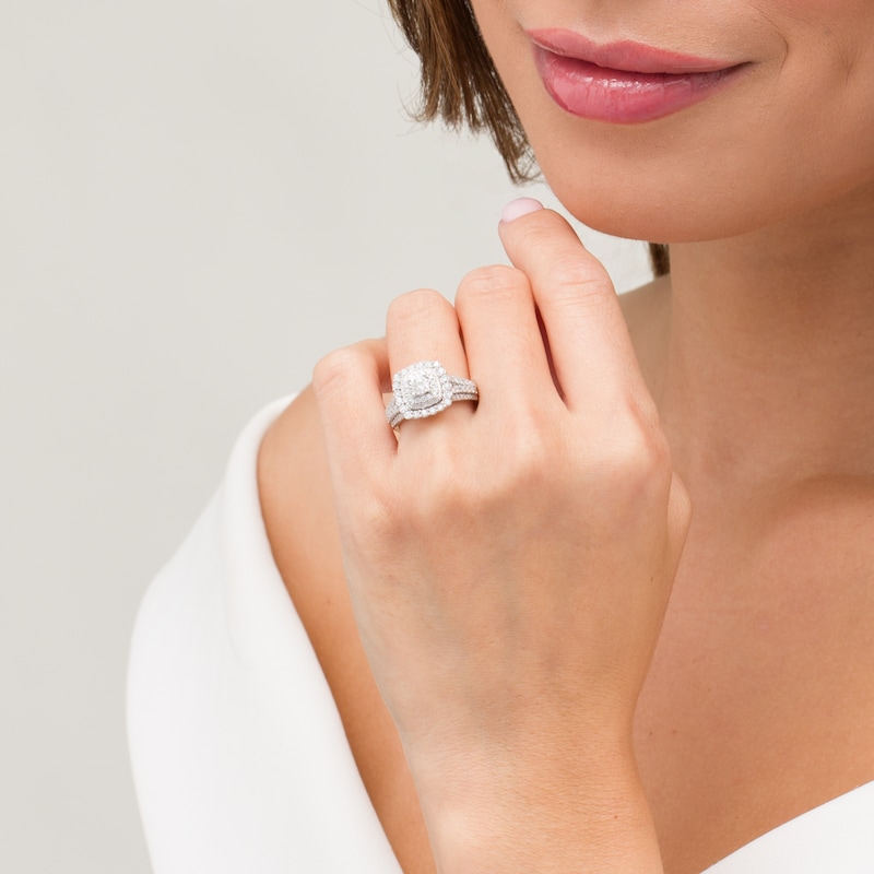 Main Image 2 of Previously Owned - 1 CT. T.W. Diamond Double Cushion Frame Vintage-Style Engagement Ring in 10K White Gold