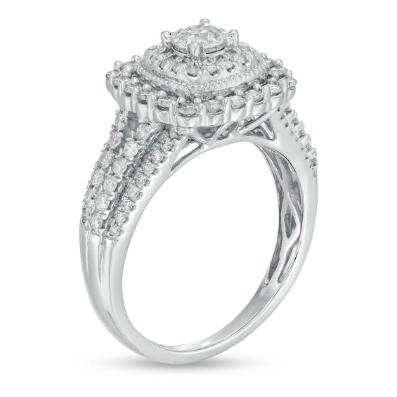 Previously Owned - 1 CT. T.w. Diamond Double Cushion Frame Vintage-Style Engagement Ring in 10K White Gold