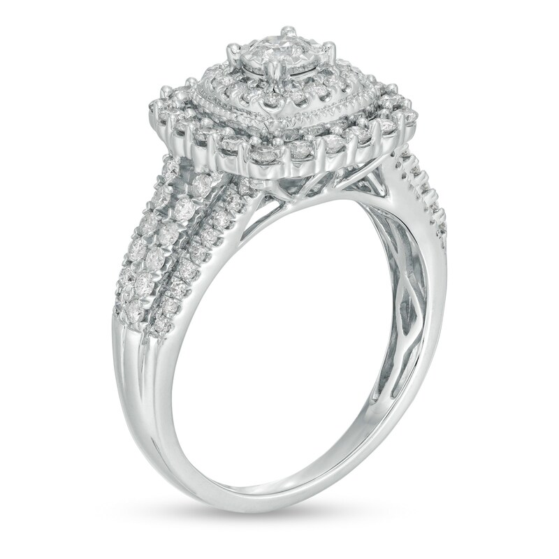 Main Image 3 of Previously Owned - 1 CT. T.W. Diamond Double Cushion Frame Vintage-Style Engagement Ring in 10K White Gold