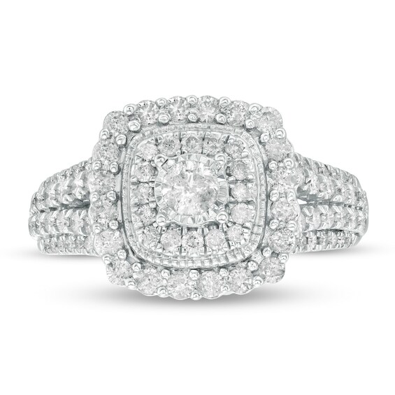 Previously Owned - 1 CT. T.w. Diamond Double Cushion Frame Vintage-Style Engagement Ring in 10K White Gold