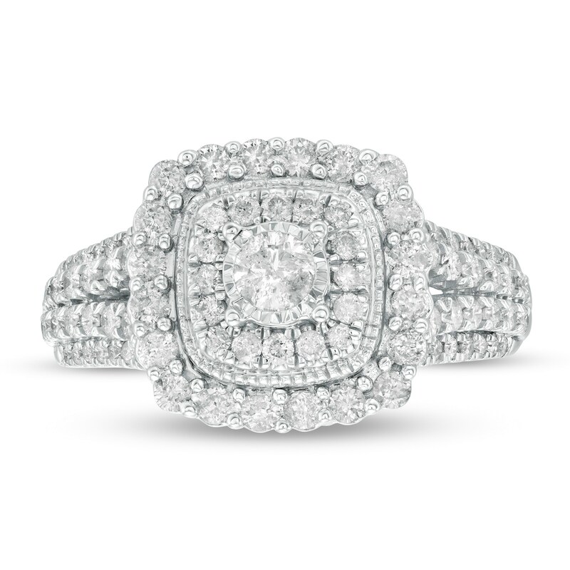 Main Image 4 of Previously Owned - 1 CT. T.W. Diamond Double Cushion Frame Vintage-Style Engagement Ring in 10K White Gold