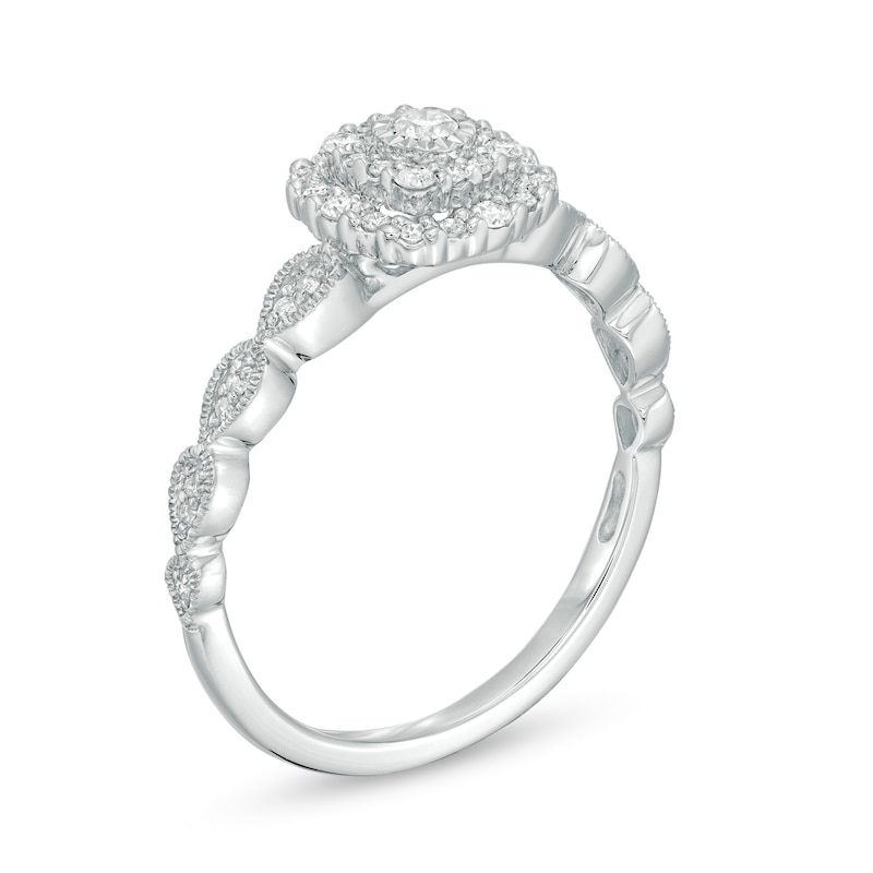 Main Image 3 of Previously Owned - 1/4 CT. T.W. Diamond Double Cushion Frame Vintage-Style Engagement Ring in 10K White Gold