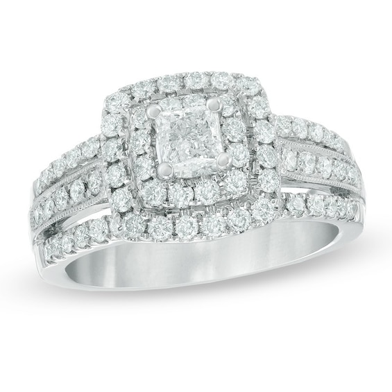 Previously Owned - 1-1/4 CT. T.w. Princess-Cut Diamond Double Frame Engagement Ring in 14K White Gold (I/I2)