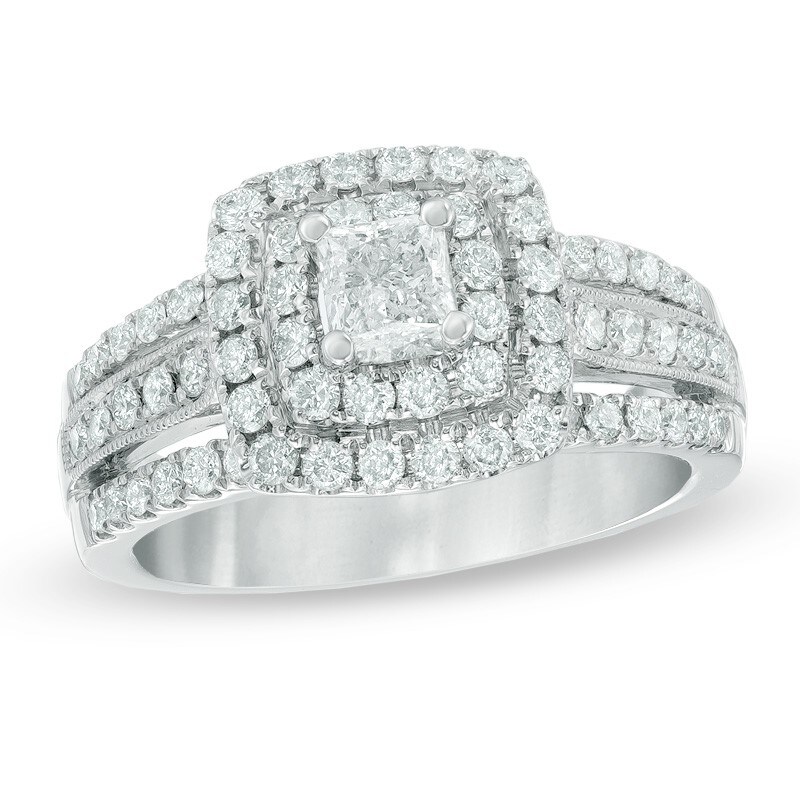 Main Image 1 of Previously Owned - 1-1/4 CT. T.W. Princess-Cut Diamond Double Frame Engagement Ring in 14K White Gold (I/I2)