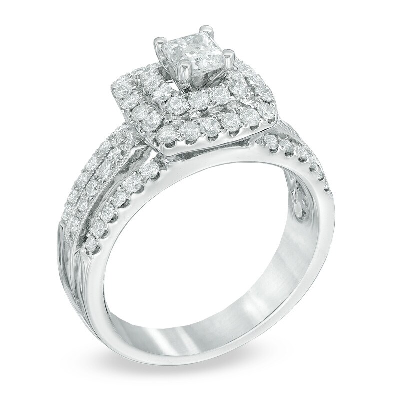 Main Image 2 of Previously Owned - 1-1/4 CT. T.W. Princess-Cut Diamond Double Frame Engagement Ring in 14K White Gold (I/I2)