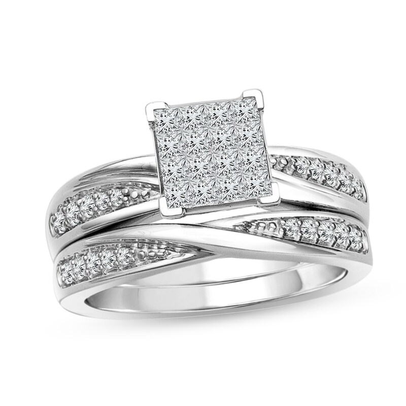 Main Image 1 of Previously Owned - 1/2 CT. T.W. Princess-Cut Multi-Diamond Twist Shank Bridal Set in 10K White Gold