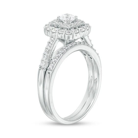 Previously Owned - 1 CT. T.w. Diamond Double Cushion Frame Bridal Set in 14K White Gold