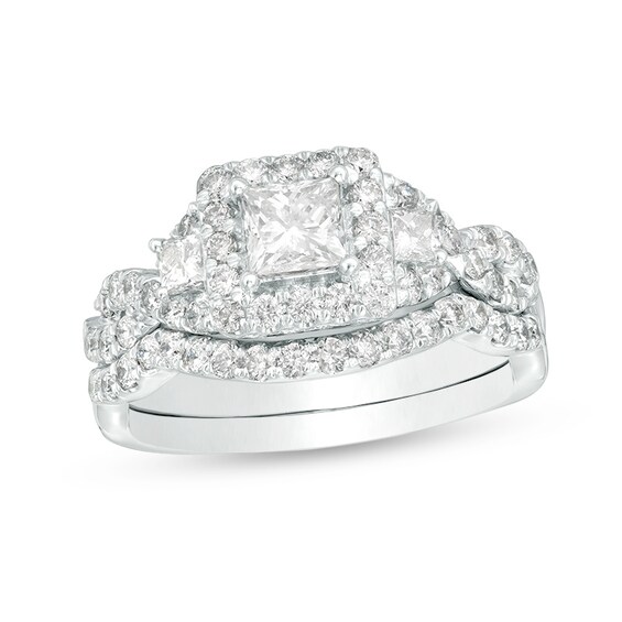 Previously Owned - 1-1/2 CT. T.w. Princess-Cut Diamond Three Stone Frame Twist Bridal Set in 10K White Gold