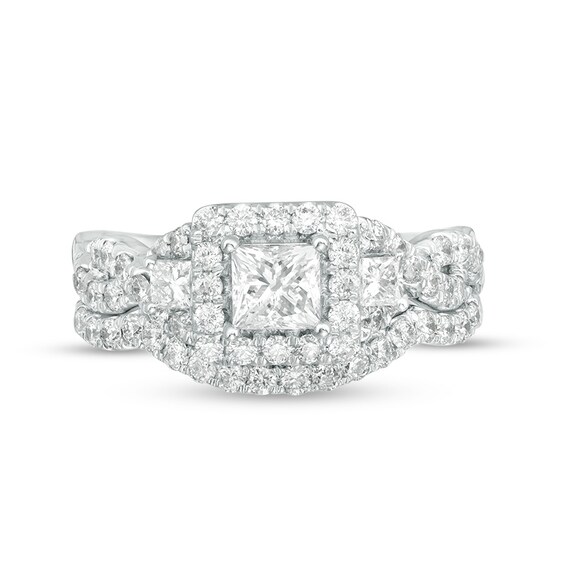 Previously Owned - 1-1/2 CT. T.w. Princess-Cut Diamond Three Stone Frame Twist Bridal Set in 10K White Gold