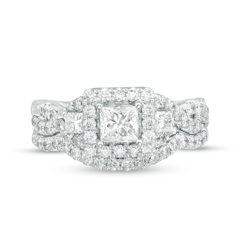 Main Image 4 of Previously Owned - 1-1/2 CT. T.W. Princess-Cut Diamond Three Stone Frame Twist Bridal Set in 10K White Gold