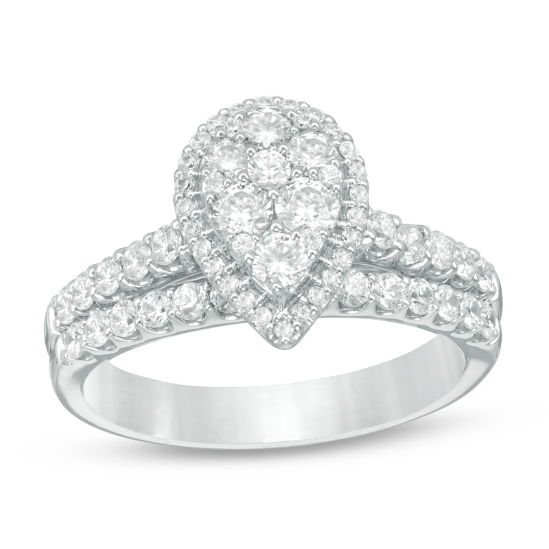 Main Image 1 of Previously Owned 1 CT. T.W. Composite Diamond Pear-Shaped Frame Soldered Bridal Set in 14K White Gold