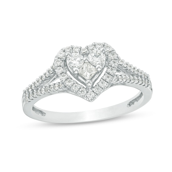 Previously Owned - 1/2 CT. T.w. Princess-Cut and Round Diamond Heart Frame Ring in 10K White Gold