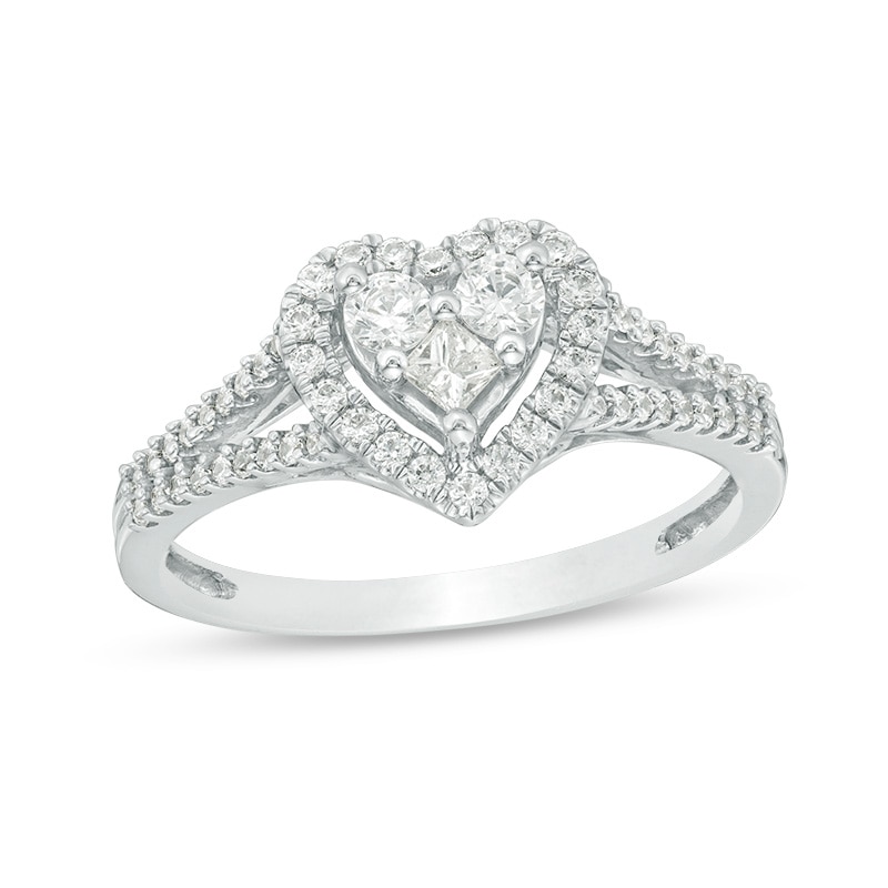 Previously Owned - 1/2 CT. T.W. Princess-Cut and Round Diamond Heart Frame Ring in 10K White Gold