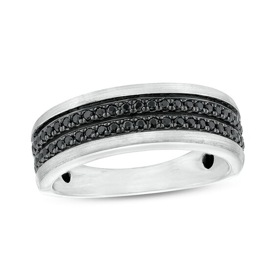 Previously Owned - Men's 1/3 CT. T.w. Black Diamond Double Row Wedding Band in 10K White Gold