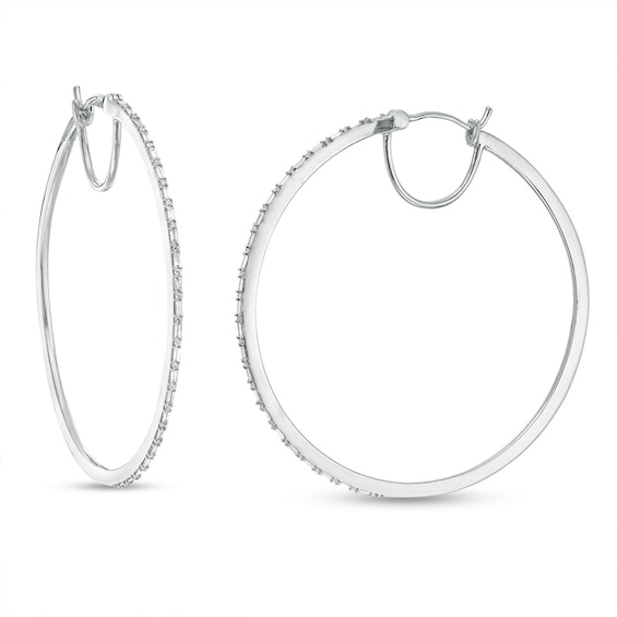 Previously Owned - 1/2 CT. T.w. Baguette and Round Diamond Alternating Hoop Earrings in 10K White Gold