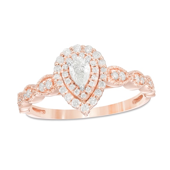 Previously Owned - 3/8 CT. T.w. Pear-Shaped Diamond Double Frame Art Deco Vintage-Style Engagement Ring in 10K Rose Gold