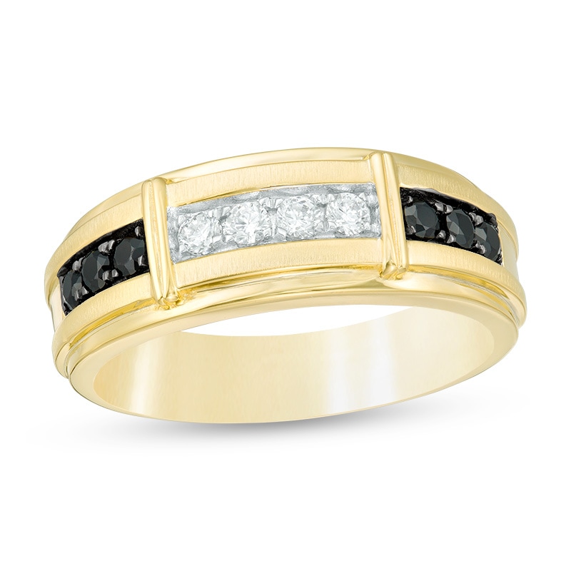 Main Image 1 of Previously Owned - Men's 1/2 CT. T.W. Enhanced Black and White Diamond Divided Bar Bevelled Edge Ring in 10K Gold
