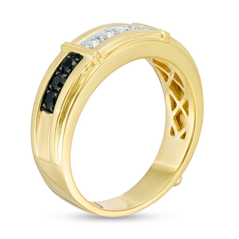 Main Image 3 of Previously Owned - Men's 1/2 CT. T.W. Enhanced Black and White Diamond Divided Bar Bevelled Edge Ring in 10K Gold