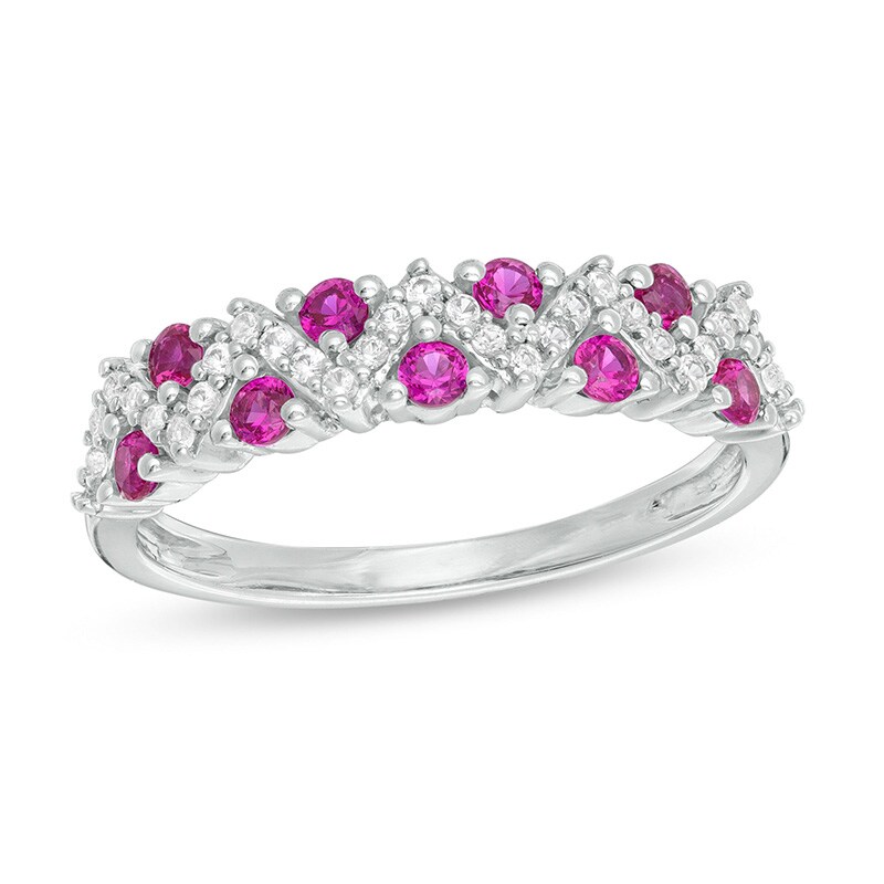 Main Image 1 of Previously Owned - Lab-Created Ruby and White Sapphire Zig-Zag Ring in Sterling Silver