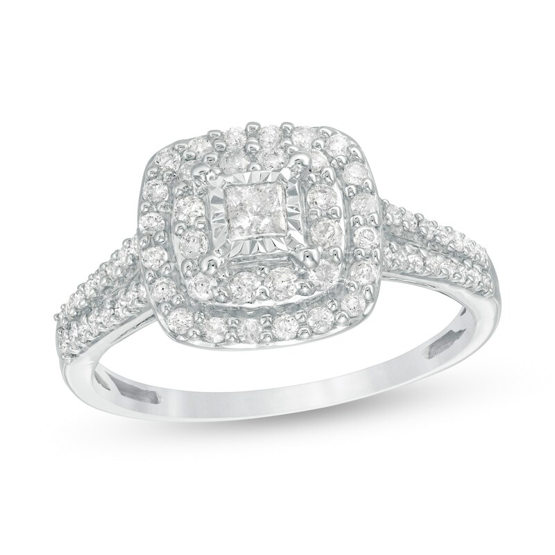 Main Image 1 of Previously Owned - 1/2 CT. T.W. Princess-Cut Diamond Double Frame Engagement Ring in 10K White Gold