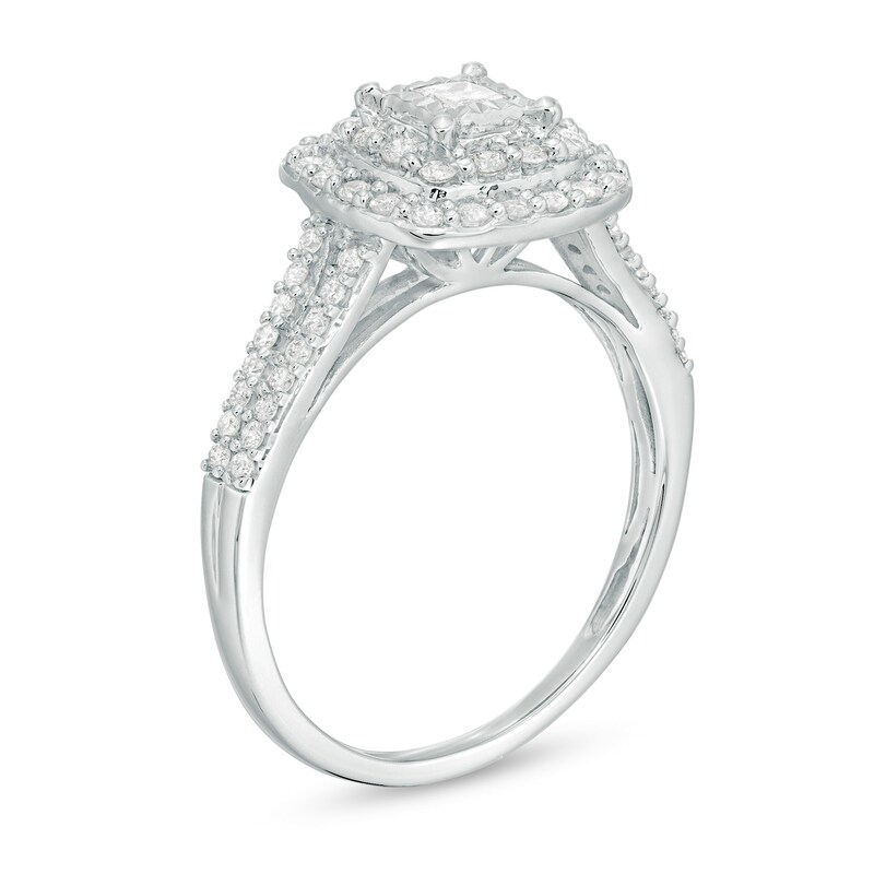 Main Image 3 of Previously Owned - 1/2 CT. T.W. Princess-Cut Diamond Double Frame Engagement Ring in 10K White Gold