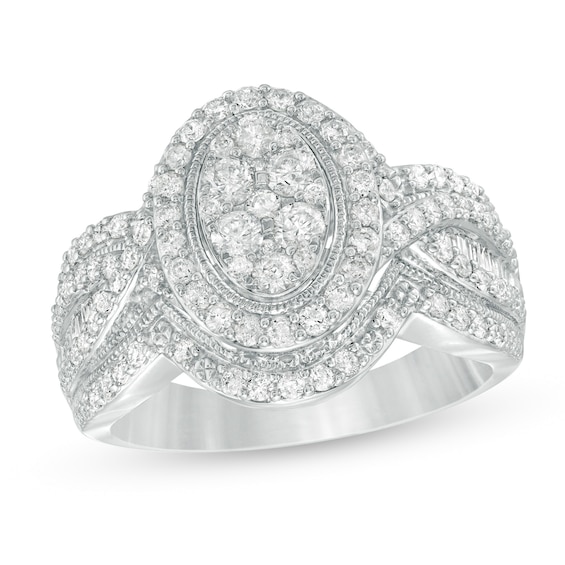 Previously Owned - 1 CT. T.w. Composite Diamond Double Oval Frame Vintage-Style Engagement Ring in 10K White Gold