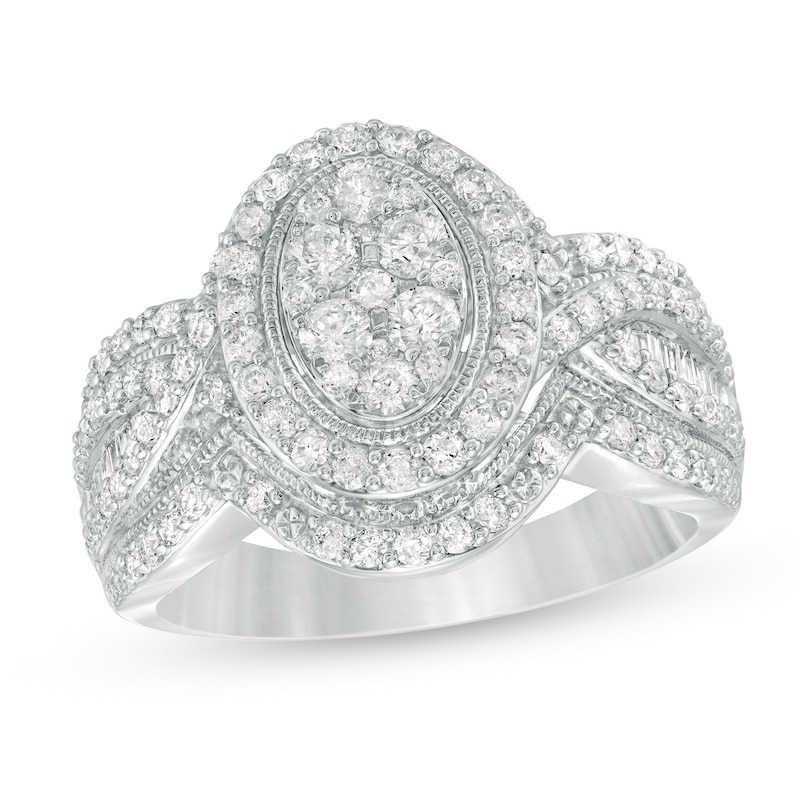 Main Image 1 of Previously Owned - 1 CT. T.W. Composite Diamond Double Oval Frame Vintage-Style Engagement Ring in 10K White Gold