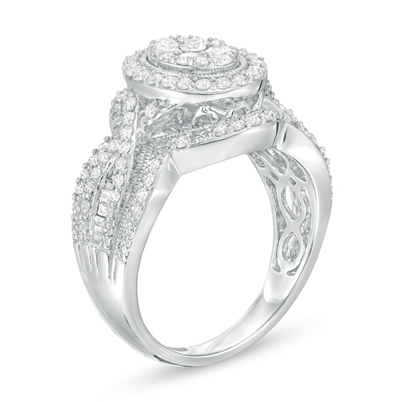 Previously Owned - 1 CT. T.w. Composite Diamond Double Oval Frame Vintage-Style Engagement Ring in 10K White Gold