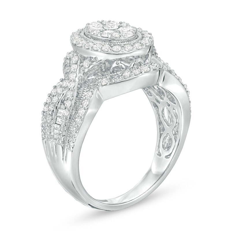 Main Image 3 of Previously Owned - 1 CT. T.W. Composite Diamond Double Oval Frame Vintage-Style Engagement Ring in 10K White Gold