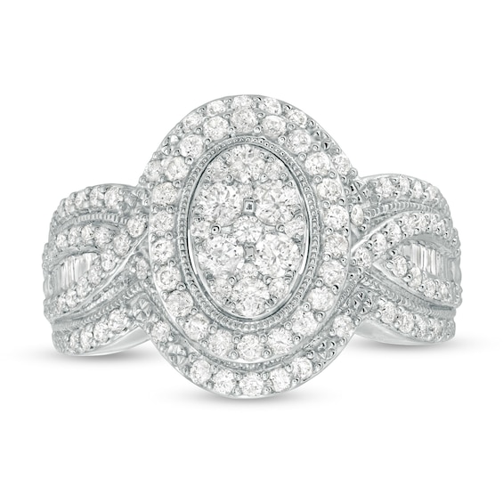 Previously Owned - 1 CT. T.w. Composite Diamond Double Oval Frame Vintage-Style Engagement Ring in 10K White Gold
