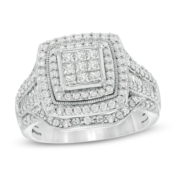 Previously Owned - 1 CT. T.w. Princess-Cut Diamond Multi-Row Vintage-Style Engagement Ring in 10K White Gold