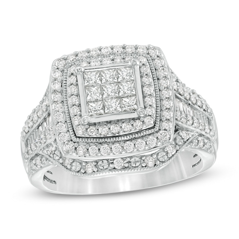 Main Image 1 of Previously Owned - 1 CT. T.W. Princess-Cut Diamond Multi-Row Vintage-Style Engagement Ring in 10K White Gold