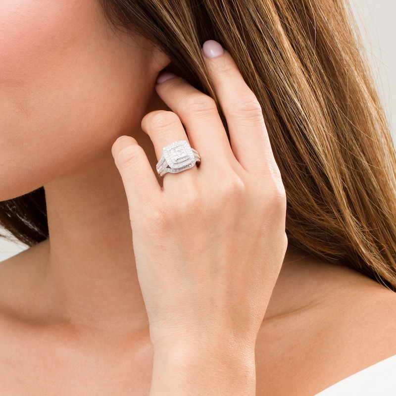 Main Image 2 of Previously Owned - 1 CT. T.W. Princess-Cut Diamond Multi-Row Vintage-Style Engagement Ring in 10K White Gold