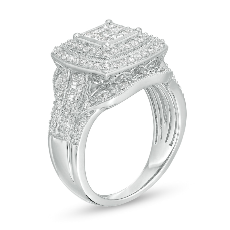 Main Image 3 of Previously Owned - 1 CT. T.W. Princess-Cut Diamond Multi-Row Vintage-Style Engagement Ring in 10K White Gold