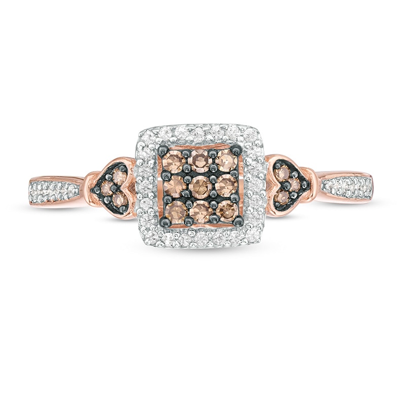 Main Image 4 of Previously Owned - 1/4 CT. T.W. Champagne and White Composite Diamond Square Frame Heart-Sides Ring in 10K Rose Gold