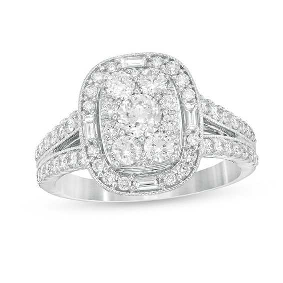 Previously Owned - 1-1/4 CT. T.w. Composite Diamond Cushion Frame Split Shank Engagement Ring in 14K White Gold