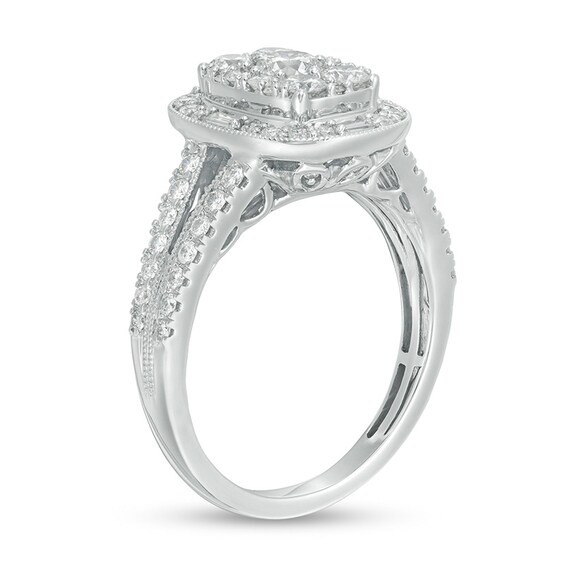 Previously Owned - 1-1/4 CT. T.w. Composite Diamond Cushion Frame Split Shank Engagement Ring in 14K White Gold