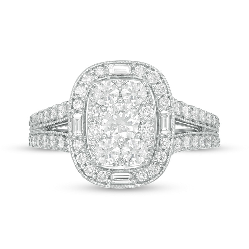 Main Image 4 of Previously Owned - 1-1/4 CT. T.W. Composite Diamond Cushion Frame Split Shank Engagement Ring in 14K White Gold