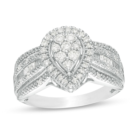 Previously Owned - 1/2 CT. T.w. Composite Diamond Pear Frame Multi-Row Engagement Ring in 10K White Gold